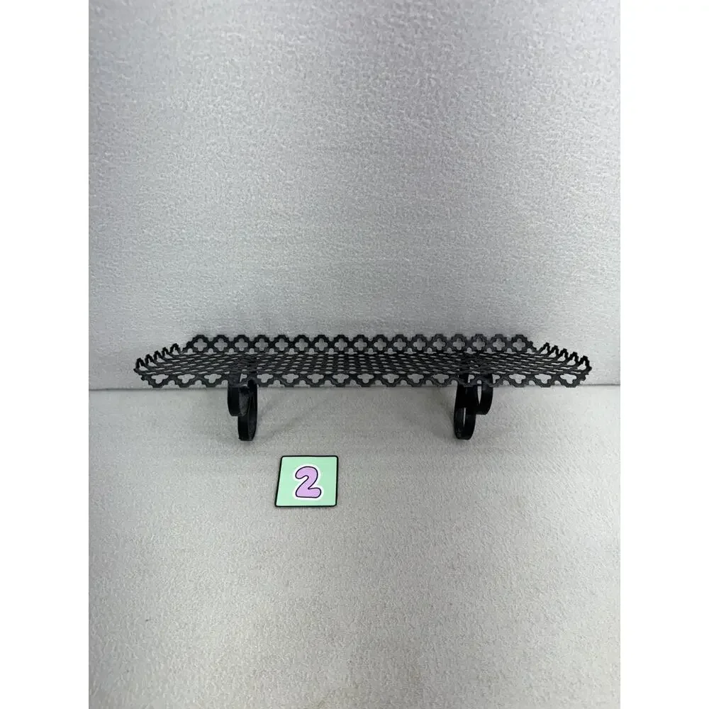 Black Metal Wall Shelves Pair Lattice Filigree MCM 13.5x4.5 Decor VTG